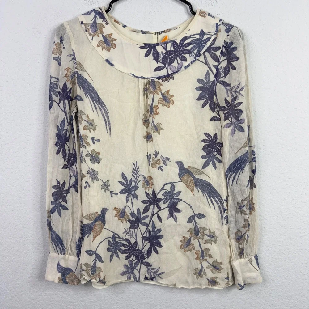 Tory Burch Shirt 4 Cream Silk Bird Floral Boho Cottagecore Artsy Romantic Luxury